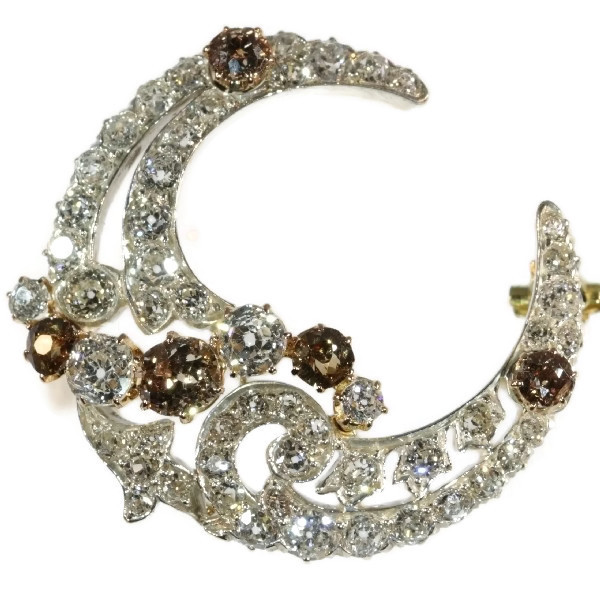 Antique brooch crescent moon with natural fancy color diamonds old cuts